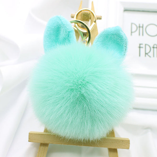 Cute big bunny Rabbit Ears Fur pompom Keychain Fluffy faux leather Ball handBag Pendant Artificial Pom pom key chain porte clef
