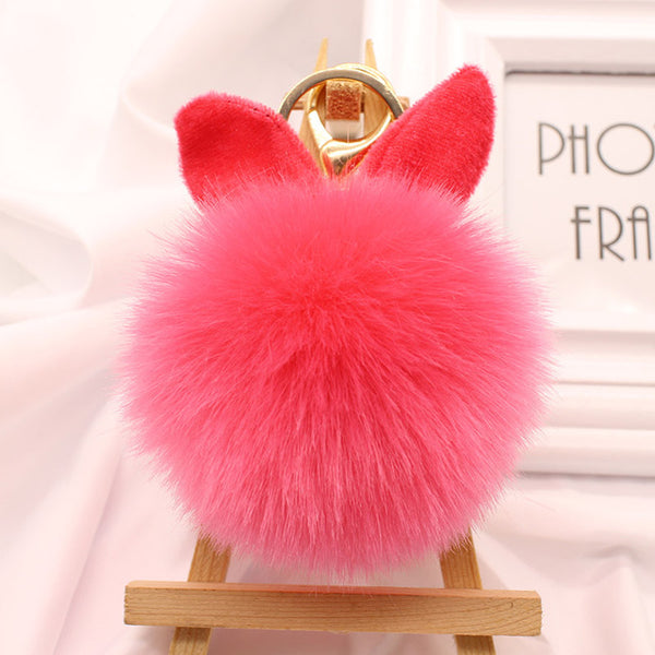 Cute big bunny Rabbit Ears Fur pompom Keychain Fluffy faux leather Ball handBag Pendant Artificial Pom pom key chain porte clef