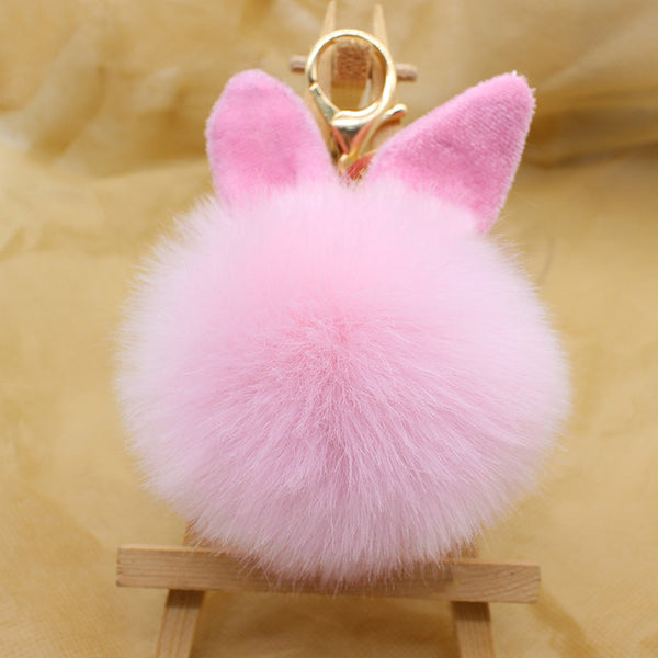 Cute big bunny Rabbit Ears Fur pompom Keychain Fluffy faux leather Ball handBag Pendant Artificial Pom pom key chain porte clef