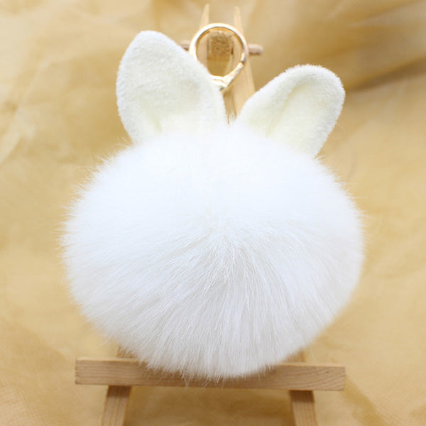 Cute big bunny Rabbit Ears Fur pompom Keychain Fluffy faux leather Ball handBag Pendant Artificial Pom pom key chain porte clef