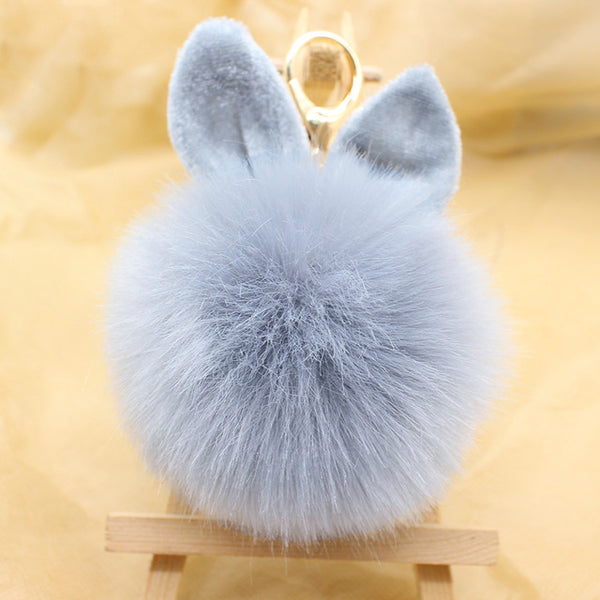 Cute big bunny Rabbit Ears Fur pompom Keychain Fluffy faux leather Ball handBag Pendant Artificial Pom pom key chain porte clef