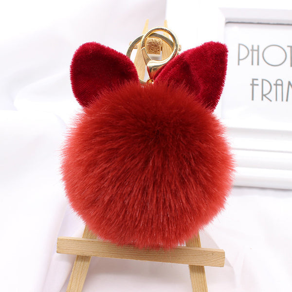 Cute big bunny Rabbit Ears Fur pompom Keychain Fluffy faux leather Ball handBag Pendant Artificial Pom pom key chain porte clef