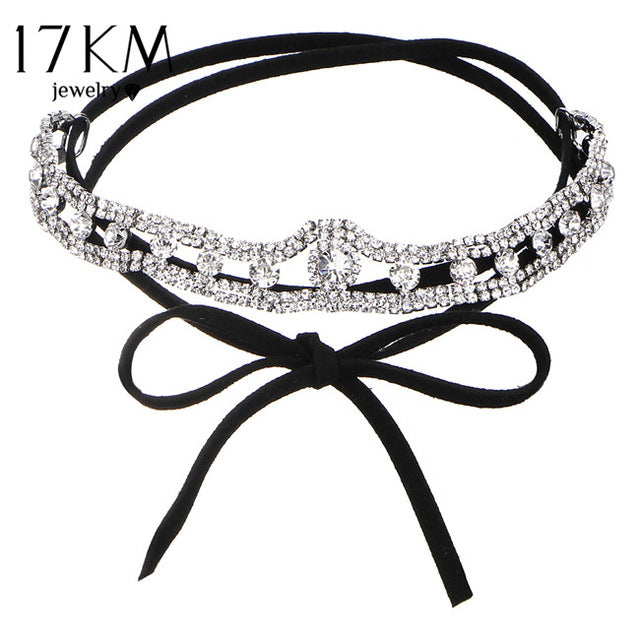 17KM Collar Flower Crystal Long Choker Necklace Layer 2017 Bow Pendant Leather Chokers Tassel Statement Collier Fashion Jewelry