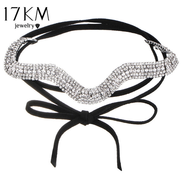 17KM Collar Flower Crystal Long Choker Necklace Layer 2017 Bow Pendant Leather Chokers Tassel Statement Collier Fashion Jewelry