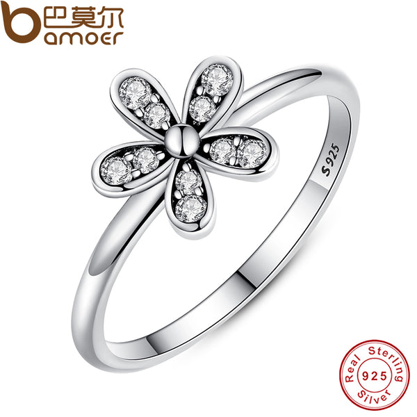 BAMOER Two Colors Fashion Elegant Original 925 Sterling Silver Dazzling Daisy Flower Ring Clear CZ Wedding Jewelry PA7123
