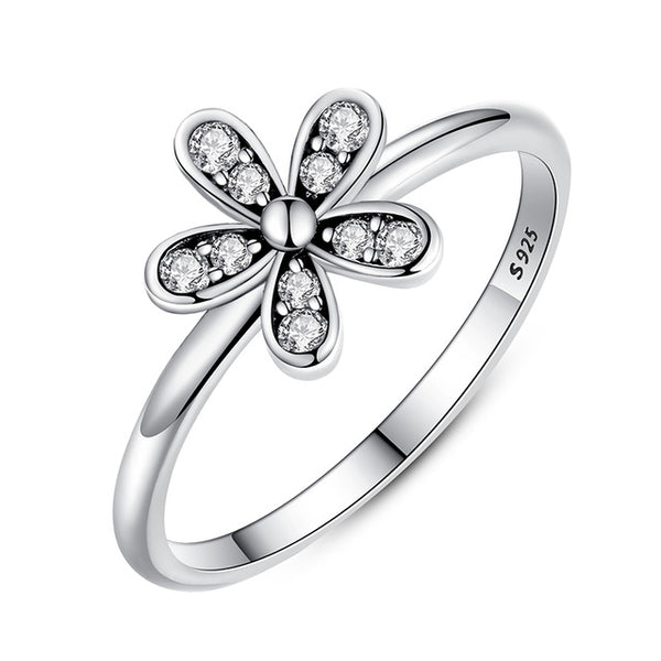BAMOER Two Colors Fashion Elegant Original 925 Sterling Silver Dazzling Daisy Flower Ring Clear CZ Wedding Jewelry PA7123