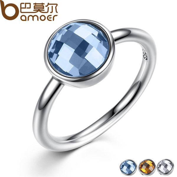 BAMOER Summer Collection Pure 925 Sterling Silver Rings Blue Imitated Stone Finger Ring Women Fine Jewelry PA7183