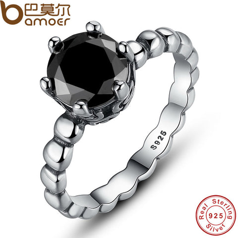 BAMOER Genuine 100% 925 Sterling Silver Ring with Black Cubic Zirconia For Women Wedding Jewelry PA7109
