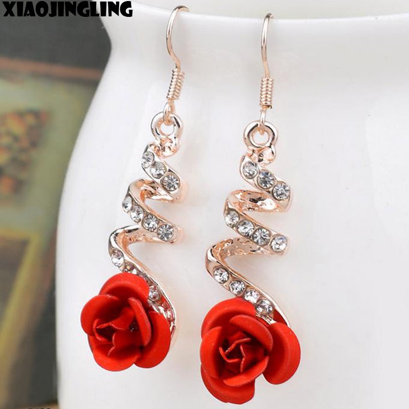 XIAOJINGLING Korea Fashion Lovely Temperament Crystal Red Rose Flower Women Dangle Drop Earring for Wedding/Party Bridal Earring