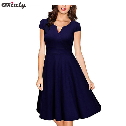 Oxiuly Audrey Hepburn 50s Vestidos Womens Dress Formal V Neck Casual Office Wear Working Bodycon Knee Length A-line Dresses
