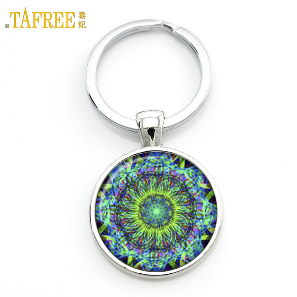 TAFREE Key chain Mandala Art Picture Glass Cabochon pendant Keychains Sacred Geometry Yoga Om Fashion Jewelry Key ring M01-17