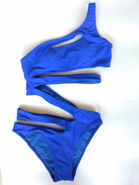 BXXNXX Solid Cut Out One Piece Swimsuit Bandage For Women One shoulder Monokini Swimwear Bathing Suit Blue Bodysuit