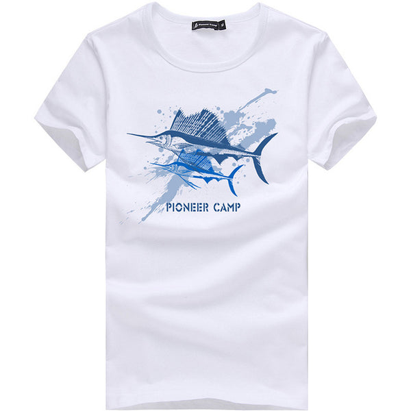 Pioneer Camp brand short summer men tshirt comfortable breathable blue t shirt male fashion cotton t-shirt shark pattern 405047