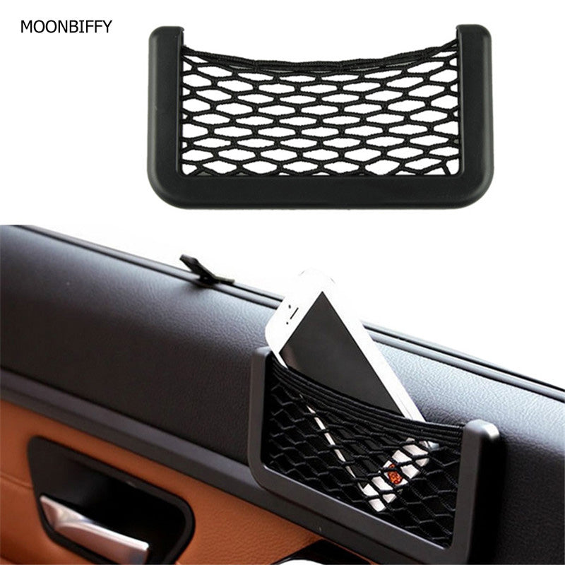 MOONBIFFY 15X8cm Automotive Bag With Adhesive Visor Car Net Organizer Pockets Net Convenient cell phone Bag For Car