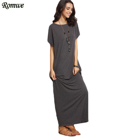 ROMWE Grey Short Batwing Sleeve Basic Maxi Dress,Women Long Casual T-Shirt dress,Comfortable for Summer Vacation, Side Pocke