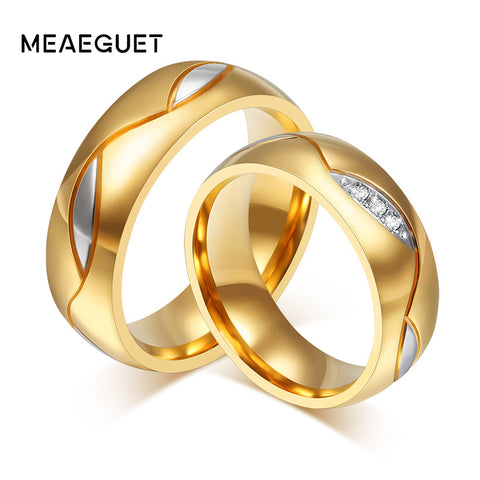 Meaeguet Classic Couple Rings For Lover's Cubic Zirconia Wedding Ring Gold-Color Stainless Steel Anel Jewelry