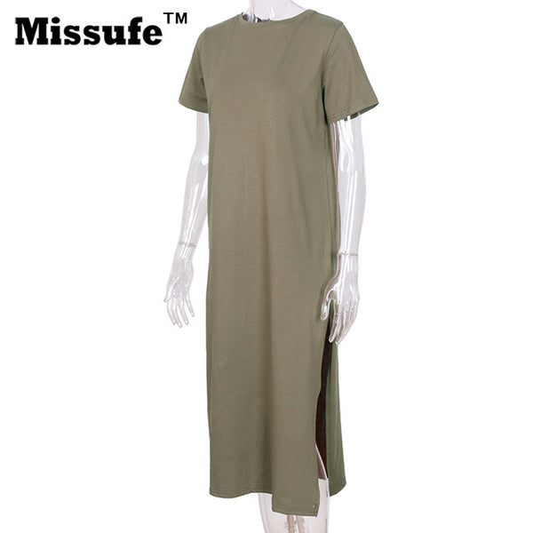 Missufe Casual Loose T-shirt Dress 2017 Summer Style Women Clothing High Split Straight Midi Tunic Sarafan Beach Robe