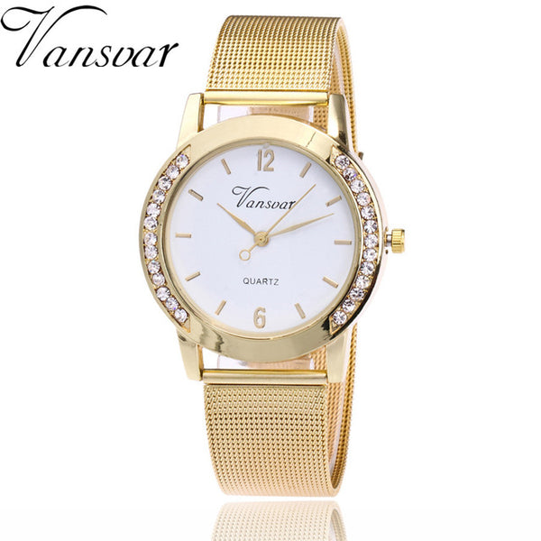 Vansvar Brand Fashion Gold Mesh Quartz Watch Women Metal Stainless Steel Dress Watches Relogio Feminino Gift Clock 1887