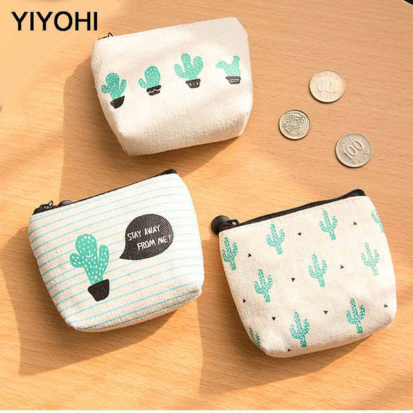 YIYOHI Canvas Simple Cactus Cute Style Beautiful Grils Zipper Plush Square Coin Bag Purse Kawaii Children Bag Women Mini Wallets