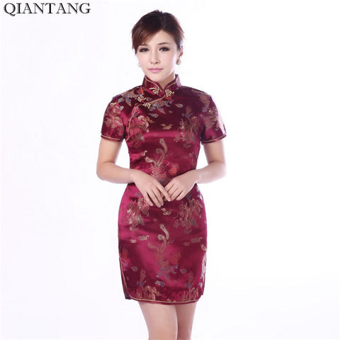 Burgundy Traditional Chinese Classic Dress Women's Satin Cheongsam New Summer Mini Qipao Size M L XL XXL Mujere Vestido Jy4061