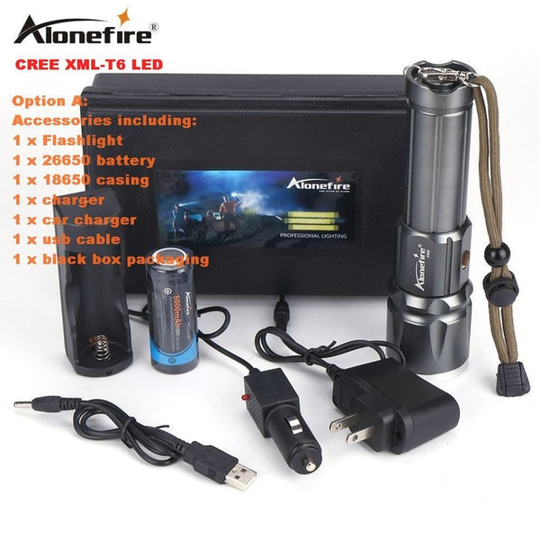 AloneFire X900 CREE XML T6 LED Zoom flashlight Torches Zoomable Flashlight lanterna led torch With 26650 Battery USB charge