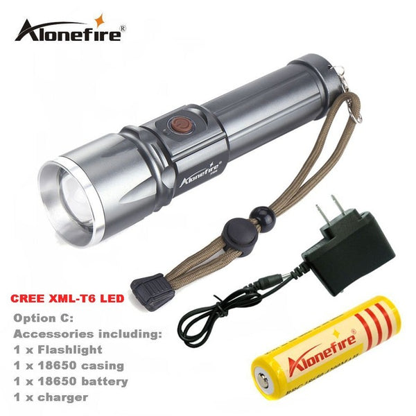 AloneFire X900 CREE XML T6 LED Zoom flashlight Torches Zoomable Flashlight lanterna led torch With 26650 Battery USB charge