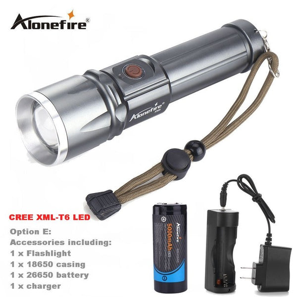 AloneFire X900 CREE XML T6 LED Zoom flashlight Torches Zoomable Flashlight lanterna led torch With 26650 Battery USB charge