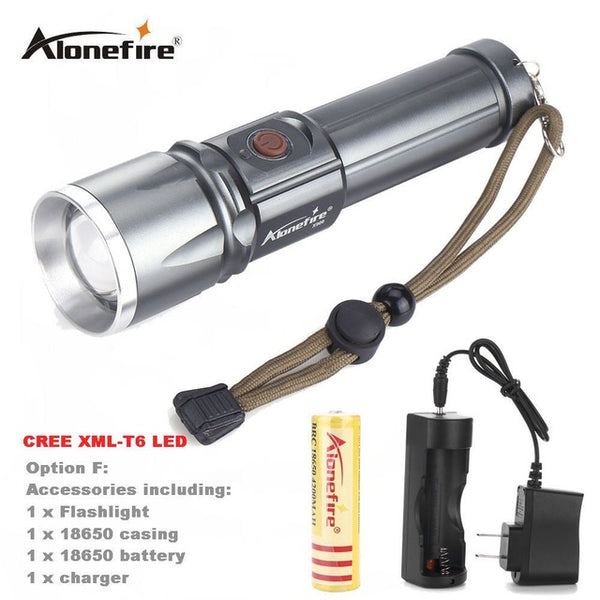 AloneFire X900 CREE XML T6 LED Zoom flashlight Torches Zoomable Flashlight lanterna led torch With 26650 Battery USB charge