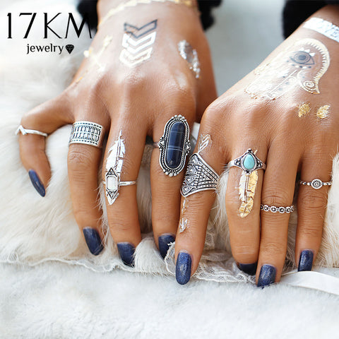 17KM Boho Jewelry Stone Midi Ring Sets for Women Anel Vintage Tibetan Turkish Silver Color Flower Knuckle Rings Gift 8pcs/Set