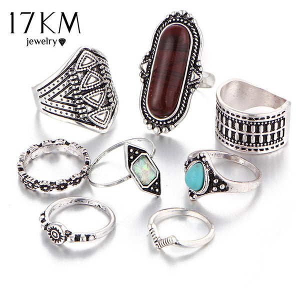 17KM Boho Jewelry Stone Midi Ring Sets for Women Anel Vintage Tibetan Turkish Silver Color Flower Knuckle Rings Gift 8pcs/Set