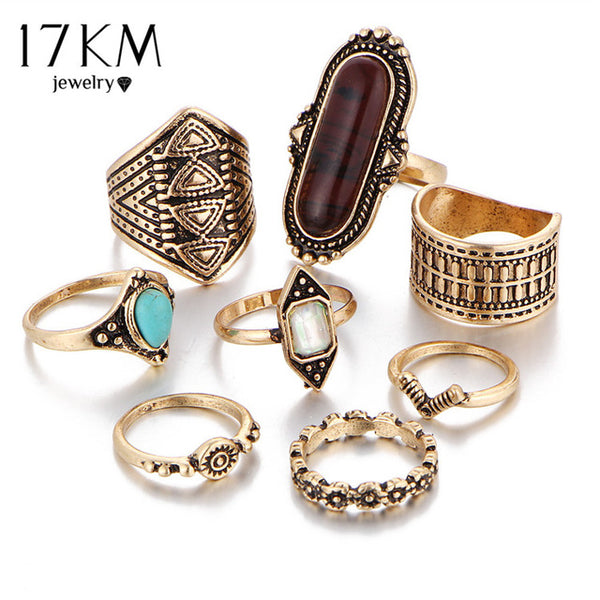 17KM Boho Jewelry Stone Midi Ring Sets for Women Anel Vintage Tibetan Turkish Silver Color Flower Knuckle Rings Gift 8pcs/Set