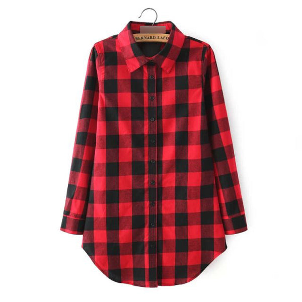 Hot Sale Women Blouses Long Shirts Single Breasted Plaid Cotton Shirt Wild Casual Streetwear Shirt Women Plus Size Blouse BE66