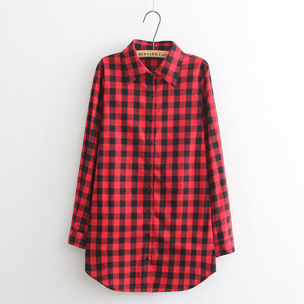 Hot Sale Women Blouses Long Shirts Single Breasted Plaid Cotton Shirt Wild Casual Streetwear Shirt Women Plus Size Blouse BE66