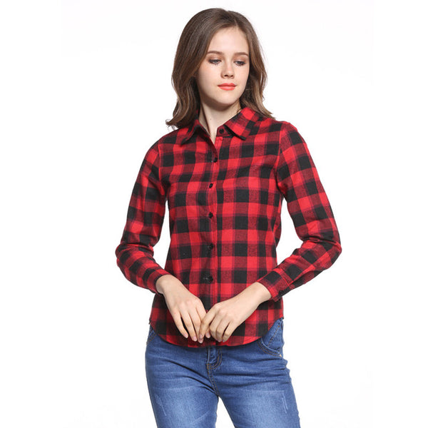 Hot Sale Women Blouses Long Shirts Single Breasted Plaid Cotton Shirt Wild Casual Streetwear Shirt Women Plus Size Blouse BE66