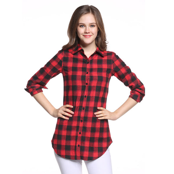 Hot Sale Women Blouses Long Shirts Single Breasted Plaid Cotton Shirt Wild Casual Streetwear Shirt Women Plus Size Blouse BE66