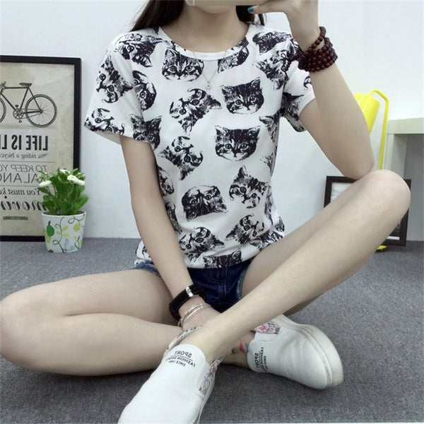 Women Top Summer New Fashion Female T-shirt Korean Sweet Cartoon Cat Printed Ladies Short Sleeve Tops Plus Size M-4XL