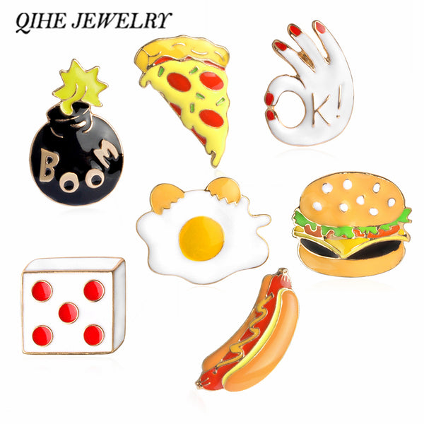 QIHE JEWELRY Pizza Hamburgers Hot Dogs Poached Eggs Dice Bombs Enamel Pin  Hat Shirt Collar Bag Chain Brooch Fast Food Jewelry