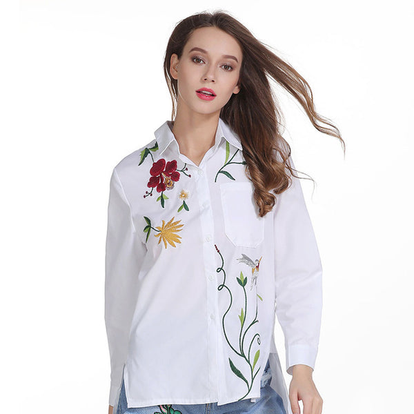 2017 women blouse Spring and summer long sleeve cotton female casual striped embroidery patch shirt for Ladies Blouse blouses