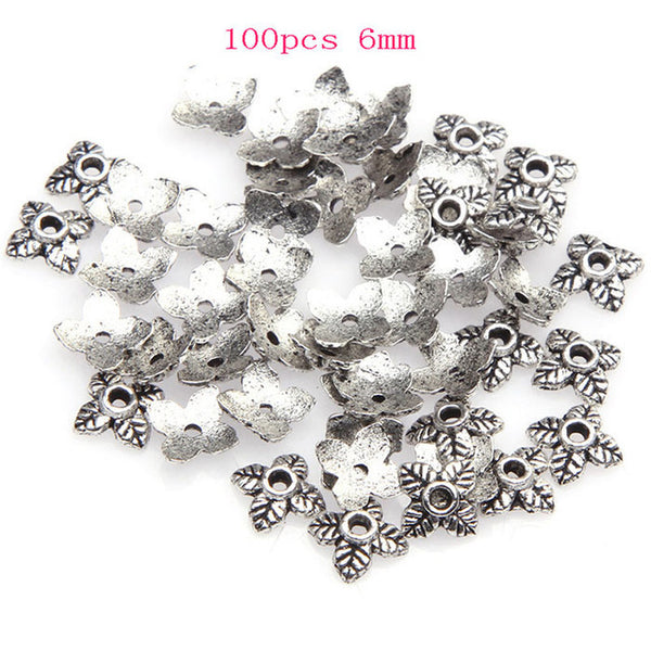 130pcs/lot  Zinc Alloy Antique Silver plated color Bead Caps Fit Jewelry Findings Making End Caps 4-15mm