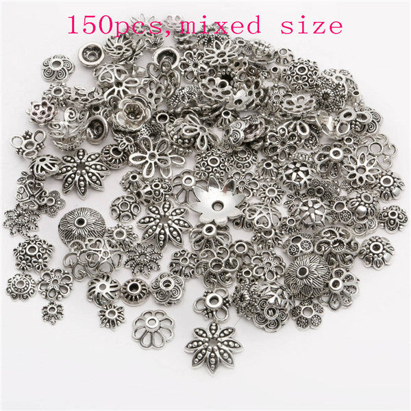 130pcs/lot  Zinc Alloy Antique Silver plated color Bead Caps Fit Jewelry Findings Making End Caps 4-15mm