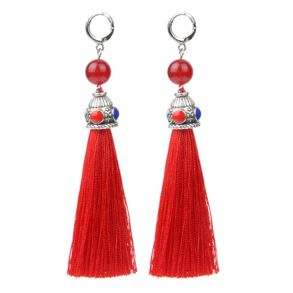 19 Styles Silk Boho Long Tassel Earrings Tiger Eye Lava Natural Stone Earrings Bohemian Women Dangle Earrings Gifts Jewelry
