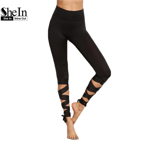 SheIn Casual Trousers for Ladies New Arrival Womens High Waist Wide Waistband Skinny Leggings Crisscross Tie Up Leggings