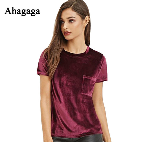 Ahagaga Tops Women 2017 Autumn Fashion Velvet T-shirts Solid Claret Short Sleeve Basic Tees Casual Women Pocket Outwear T-shirt