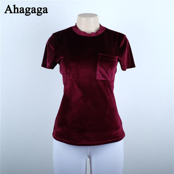 Ahagaga Tops Women 2017 Autumn Fashion Velvet T-shirts Solid Claret Short Sleeve Basic Tees Casual Women Pocket Outwear T-shirt