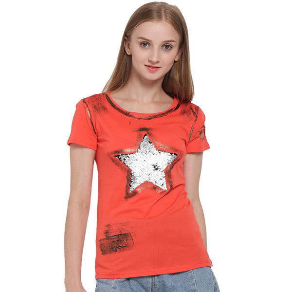 ILISMABA fashion t shirt women 2017 new short sleeve summer Large five-pointed star super flash holes pink summer shirt XL XXL