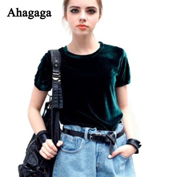 Ahagaga 2017 Autumn T-shirts Women Velvet Tees Shirts Short Sleeve O-neck Solid Cute Women Tops Streeetwear T-shirt Women Femme