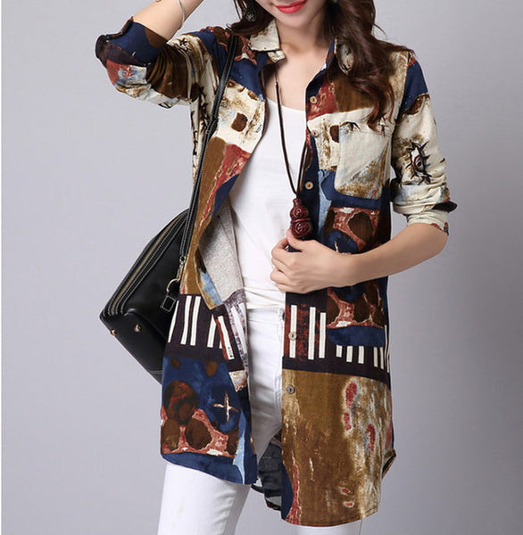 Casual Long Sleeve Shirt Women Autumn New Fashion Floral Print Cotton Linen Blouses Plus Size Women Top With Pockets T64805