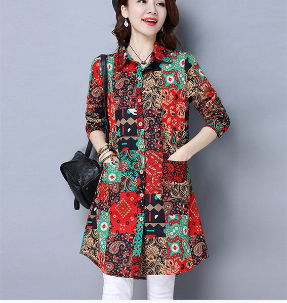 Casual Long Sleeve Shirt Women Autumn New Fashion Floral Print Cotton Linen Blouses Plus Size Women Top With Pockets T64805