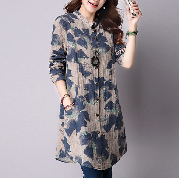 Casual Long Sleeve Shirt Women Autumn New Fashion Floral Print Cotton Linen Blouses Plus Size Women Top With Pockets T64805