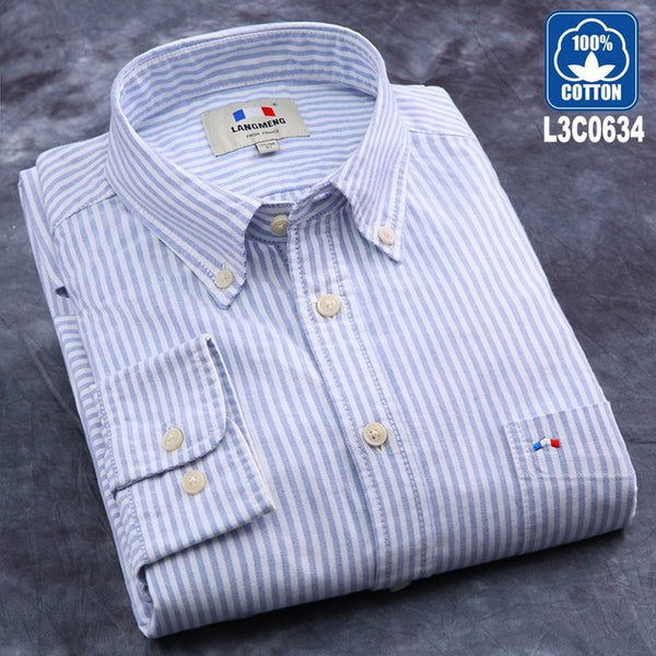 Langmeng 2017 brand 100% cotton solid striped shirt men spring casual shirts oxford dress shirt camisa masculina white black